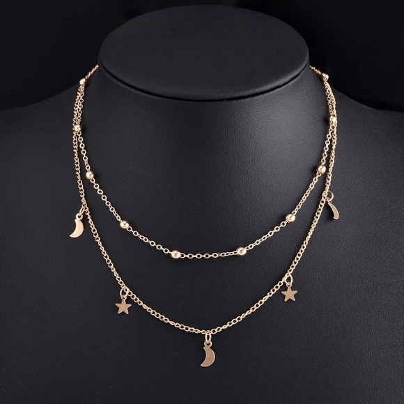 Moon & Stars Gold Layered Choker Bib Necklace - Picture 3 of 6